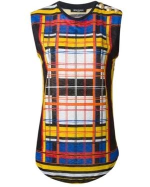 Balmain Button Linen Sleeveless Top - Blue