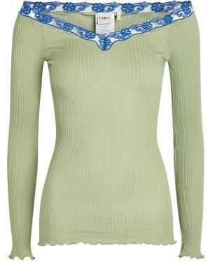 Chloé V-Neck Lace Trim Top - Green