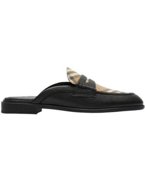 Burberry Check And Leather Opal Mules - Black