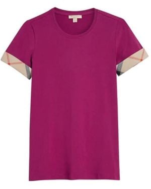 Burberry Cotton Round-Collar Checked Cuff T-Shirt - Pink