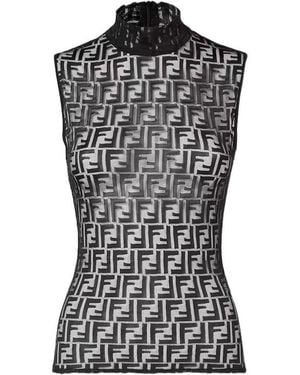 Fendi Fitted Sleeveless Top With High Collar - Black