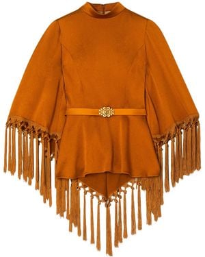 Andrew Gn Cape-Effect Belted Tasseled Hammered-Satin Blouse - Orange