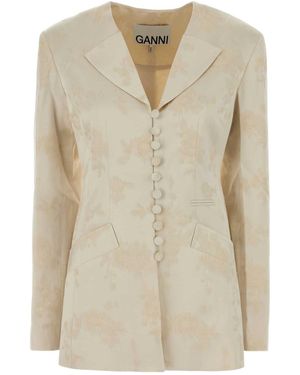 Ganni Jacquard Long Button Blazer - Natural