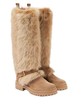Gianvito Rossi Shearling-Trimmed Suede Knee-High Boots - Natural