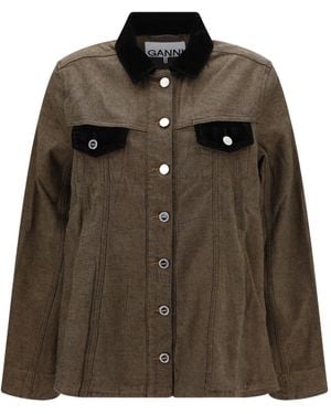 Ganni Velvet-Trim Neppy Denim Jacket - Green