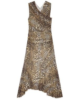 Ganni Leopard Ruched V-Neck Dress - Natural
