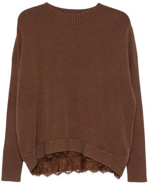 ERMANNO FIRENZE Ribbed-Sleeve Sweater With Lace Trim - Brown