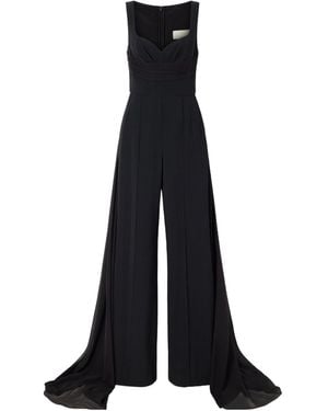 Elie Saab Ruched Chiffon-Trimmed Silk-Blend Cady Jumpsuit - Black