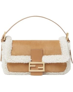 Fendi Baguette 26424 Camel-Colored Shearling Bag - White