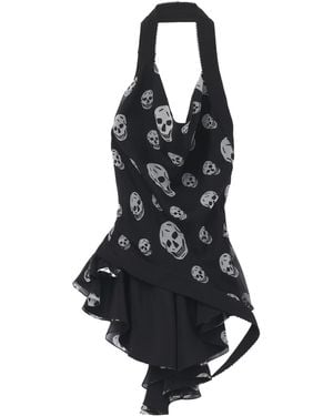 McQueen Skull Print Asymmetric Top - Black