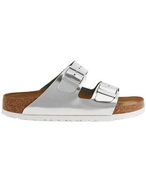 Birkenstock Arizona Metallic Leather Sliders - White