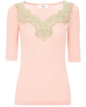 Chloé Chloé Ribbed Guipure-Trim Knitted Jumper - Pink