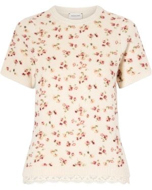 Magda Butrym Short-Sleeved Floral Print Ribbed Knit Sweater - White