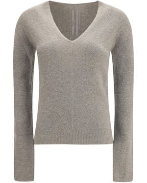 Rick Owens Ribbed V-Neck Knitted Sweater - Gray