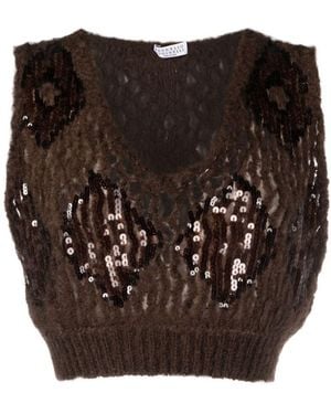 Brunello Cucinelli Sequin-Embellished Knitted Top - Brown