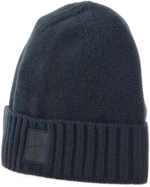 Stone Island Logo Patch Ribbed Beanie - Blue