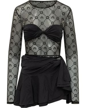 Marine Serre Moonogram Flock Ruffle Mini Dress - Black