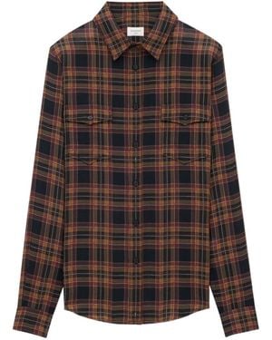 Saint Laurent Logo-Embroidered Checked Wool-Twill Shirt - Brown