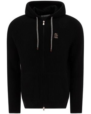 Brunello Cucinelli Logo Embroidered Zipped English Rib Knit Hooded Sweatshirt - Blue