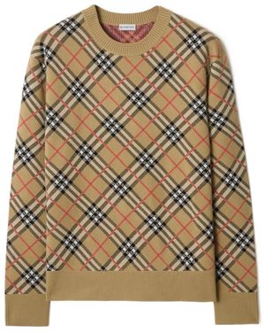 Burberry Checked Crewneck Knitted Jumper - Brown