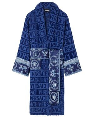 Versace All-Over Motif Belted Bathrobe - Blue
