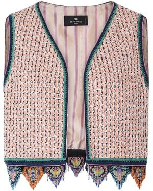 Etro Fringed Embroidered Tweed Vest - Pink