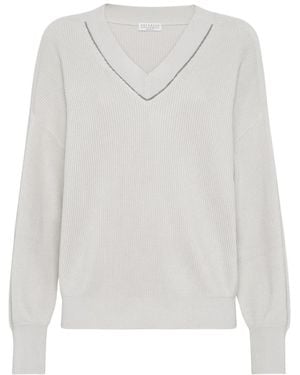 Brunello Cucinelli Monili-Trim Ribbed Jumper - White