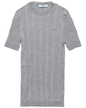 Prada Short-Sleeved Ribbed Knit Cotton Sweater - Gray