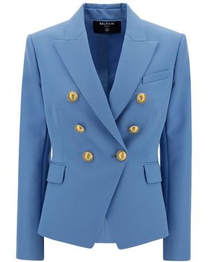 Balmain Lion Signature Double-Breasted Blazer - Blue