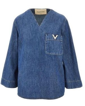 Valentino Logo Plaque V-Neck Denim Blouse - Blue