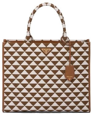 Prada Large Symbole Jacquard Fabric Handbag - Natural