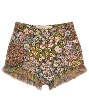 Valentino Floral Patterned Fringed Hem Shorts - Natural