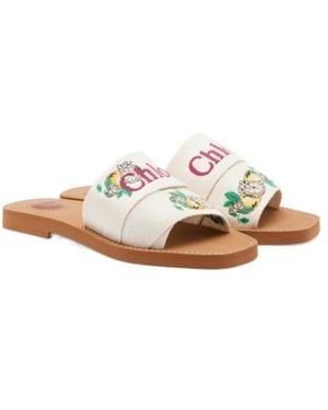 Chloé Woody Embroidered Linen Slides - White