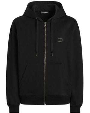 Dolce & Gabbana Cotton Hooded Sweatshirt With Logo Plate - Black