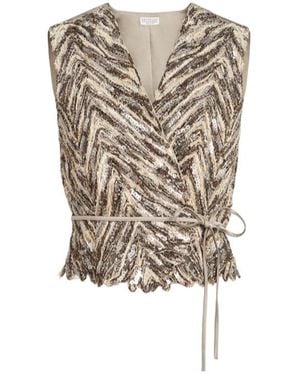Brunello Cucinelli Sequin-Embellished V-Neck Vest - Natural