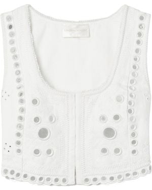 LoveShackFancy Cropped Paillette-Embellished Embroidered Linen Top - White