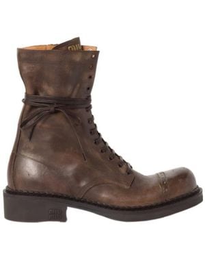 Miu Miu Leather Laced Booties - Brown