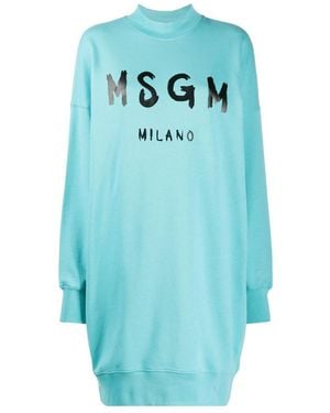 MSGM Logo Details Sweater-Style Dress - Blue