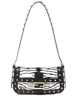 Fendi Baguette 26424 Tiger-Stripe Print Pony-Effect Leather Bag With Studs - White