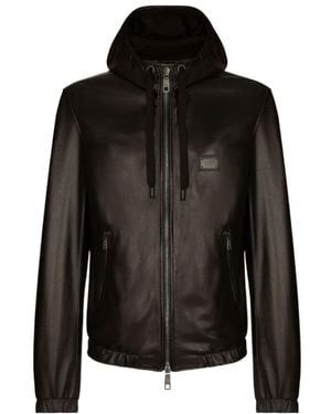 Dolce & Gabbana Logo-Tag Hooded Leather Jacket - Black