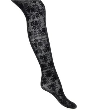 Valentino Floral-Lace Tights - Black