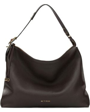 Etro Logo-Lettering Grained-Leather Shoulder Bag - Black