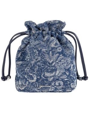 Ganni Floral Motif Drawstring Denim Bum Bag - Blue