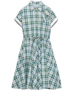 Prada Embroidered Checked Cotton Dress - Blue