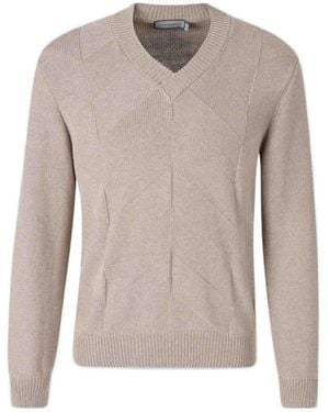 Canali Structured Patterned V-Neck Jumper - Grey