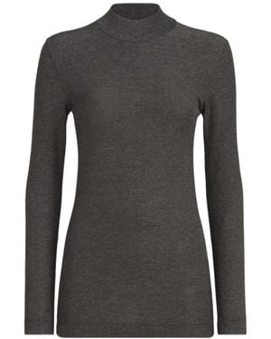 Brunello Cucinelli Sparkling Virgin Wool Mock Neck Long Sleeve T-Shirt With Monili - Black