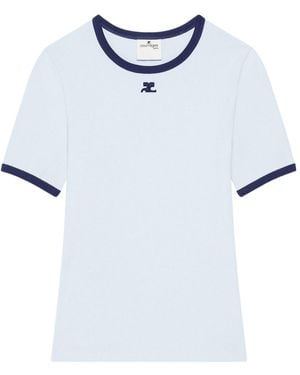 Courreges Logo-Embroidered Contrast-Trim T-Shirt - Blue