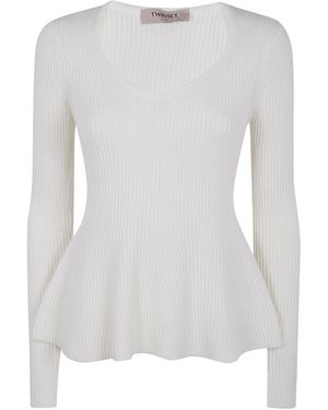 Twinset V-Neck Ribbed Jumper - White