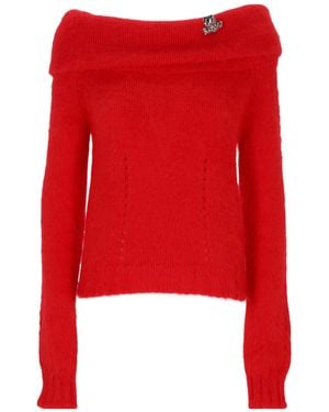 Blumarine Off-Shoulder Knitted Cropped Top - Red