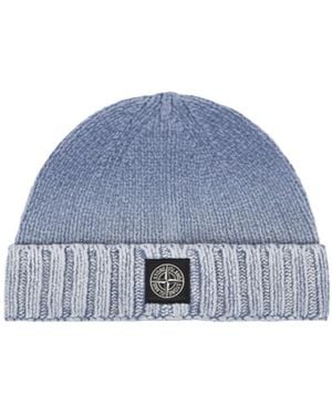 Stone Island Ribbed Logo-Patch Beanie Hat - Blue